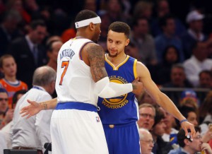 Carmelo Anthony #7 of the New York Knicks greets Stephen Curry #30 of the Golden State Warriors before a game at Madison Square Garden on Sunday, Jan. 31, 2016. ( Photo by Jim McIsaac ) 