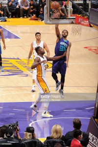 Troy Daniels #30 of the Charlotte Hornets goes to the basket against the Los Angeles Lakers at STAPLES Center on January 31, 2016 in Los Angeles, California. ( Photo by  Andrew D. Bernstein@gettyimages )