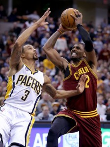 ( Cleveland Cavaliers guard Kyrie Irving (2) drives on Indiana Pacers guard George Hill (3) in the second half of their game Monday, Feb 1, 2016, evening at Bankers Life Fieldhouse. The Indiana Pacers lost to the Cleveland Cavaliers 106-111.  Matt_Kryger/The_Star )