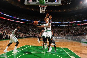 Isaiah Thomas #4 of the Boston Celtics goes to the basket against the Los Angeles Clippers on February 10, 2016 at the TD Garden in Boston, Massachusetts. ( Credit: Brian Babineau )