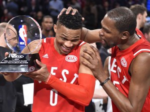 Western Conference guard Russell Westbrook of the Thunder celebrates with teammate Kevin Durant after being named MVP of the NBA All-Star Game at Air Canada Centre.  Bob Donnan, USA TODAY Sports
