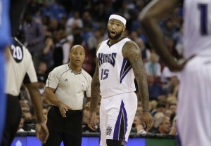 Sacramento Kings center DeMarcus Cousins reacts after being called for a foul during the first quarter of an NBA basketball game against the Oklahoma Thunder, Monday, Feb. 29, 2016, in Sacramento, Calif. (AP Photo/Rich Pedroncelli)