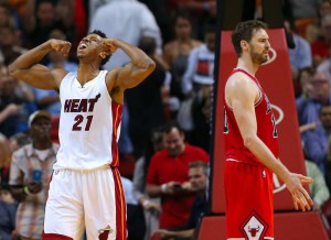 Hassan Whiteside of the Miami Heat reacts after dunking against Pau Gasol of the Chicago Bulls during the fourth quarter of an NBA basketball game at AmericanAirlines Arena in Miami on Tuesday, March 1, 2016. David Santiago dsantiago@elnuevoherald.com