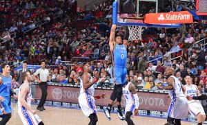 PHILADELPHIA,PA - MARCH 18: Russell Westbrook #0 of the Oklahoma City Thunder dunks the ball against the Philadelphia 76ers at Wells Fargo Center on March 18, 2016 in Philadelphia, Pennsylvania NOTE TO USER: User expressly acknowledges and agrees that, by downloading and/or using this Photograph, user is consenting to the terms and conditions of the Getty Images License Agreement. Mandatory Copyright Notice: Copyright 2016 NBAE (Photo by Jesse D. Garrabrant/NBAE via Getty Images)
