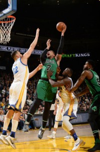 (AP Photo/Marcio Jose Sanchez). Golden State Warriors' Draymond Green, left, is fouled while driving to the basket by Boston Celtics' Jared Sullinger (7) during the first half of an NBA basketball game Friday, April 1, 2016, in Oakland, Calif. Read more: http://www.foxcarolina.com/story/31626017/warriors-home-winning-streak-ends-at-54-in-loss-to-celtics#ixzz44eACyL8M 