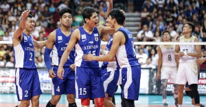 The Ateneo Blue Spikers celebrate after getting a point in Game 2 of the UAAP Men’s Volleyball Finals. Led by Marck Espejo (15) and Ysay Marasigan (8), the Blue Spikers notched their second straight UAAP title. TRISTAN TAMAYO/INQUIRER.net