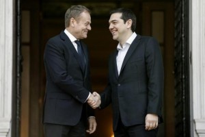  Greek Prime Minister Alexis Tsipras (R) welcomes European Council President Donald Tusk at the Maximos Mansion in Athens, Greece, March 3, 2016. Reuters/Alkis Konstantinidis 