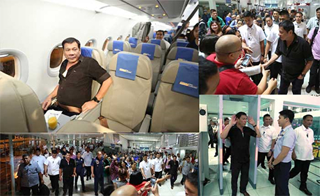 菲律宾总统府今天公布多张总统杜特蒂搭乘商业航空公司班机返乡的照片。
