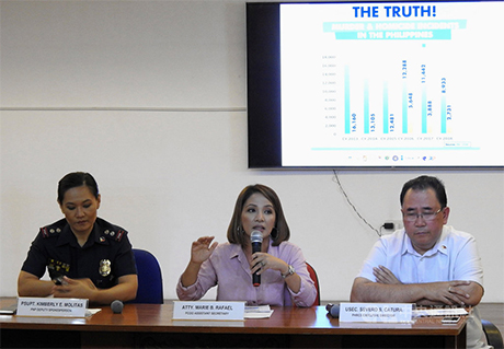 菲律宾总统府通讯暨作业部丶国家警署丶总统人权委员会秘书处18日联合召开记者会，总统府通讯暨作业部次长拉费尔（中）说，杜特地上任3年来，扫毒战造成5526名涉毒嫌犯身亡。