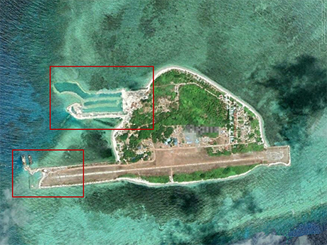 菲律宾在南沙群岛中业岛进行扩建活动，已出现港池丶码头和机场加长部分。