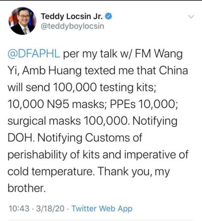 △菲律宾外长洛钦推特截图。 △菲律宾外长洛钦推特截图。