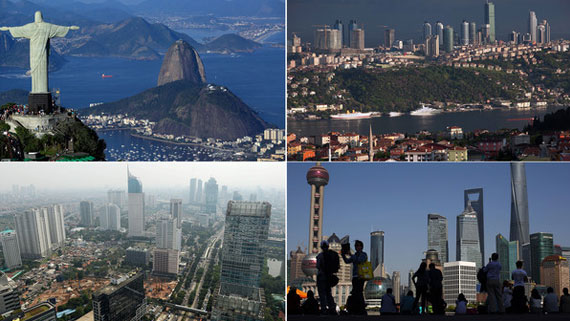 四个图片分别爲四个所谓的“新兴市场国家”:巴西丶土耳其丶印度尼西亚和中国.